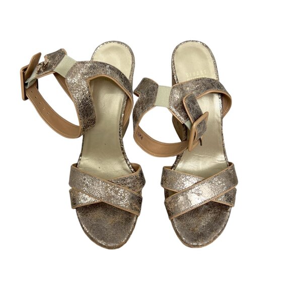 Stuart Weitzman Annex Penny Cracked Leather Wedge Sandals Shoes women's size 8.5 - Picture 2 of 8